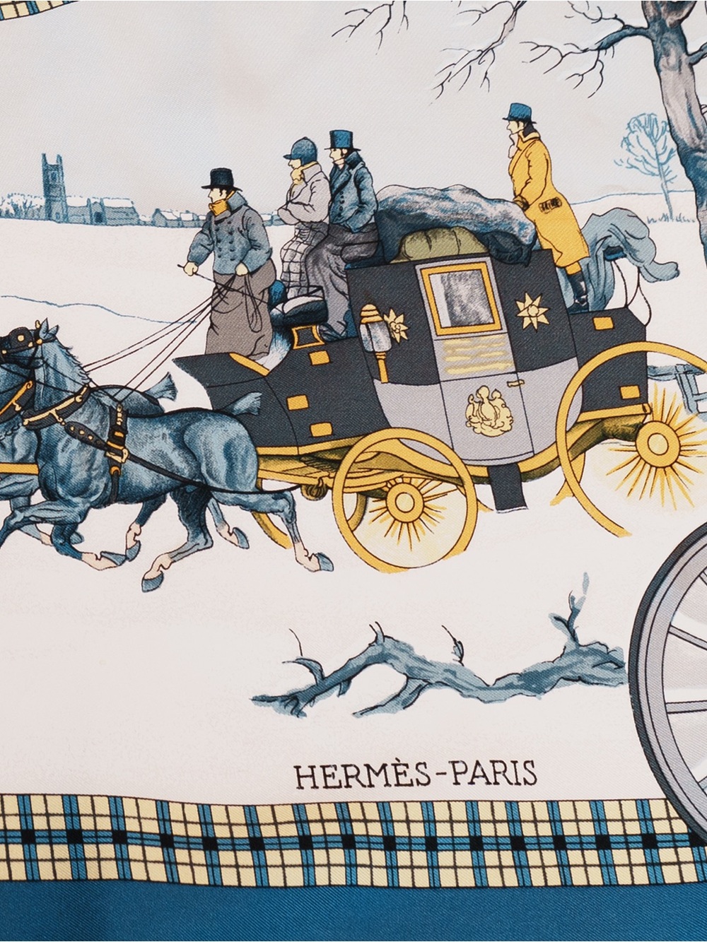 Hermès L'Hiver en Poste Silk Twill Scarf Carré 90 Navy Cream Winter Coach Motif - Picture 5 of 5